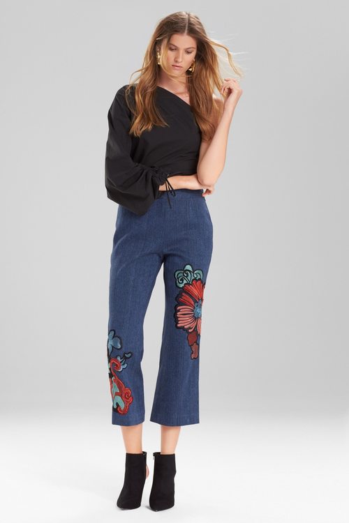 Casual Twill Flare Pants With Embroidery