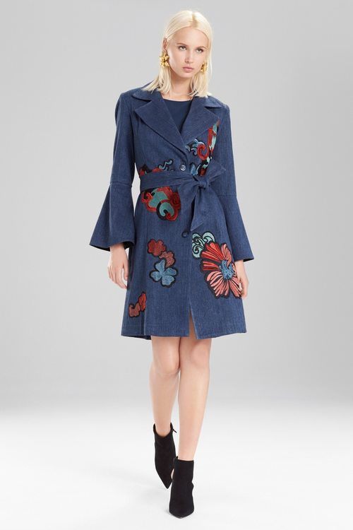 Casual Twill Trench Coat With Embroidery - denim blue