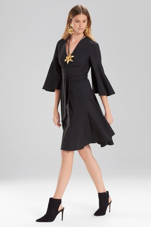 Cotton Poplin V-Neck Wrap Dress - Black