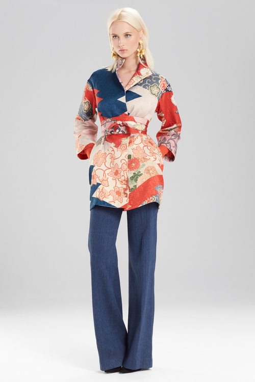 Kimono Patchwork Seamed Long Topper With Sash - multi