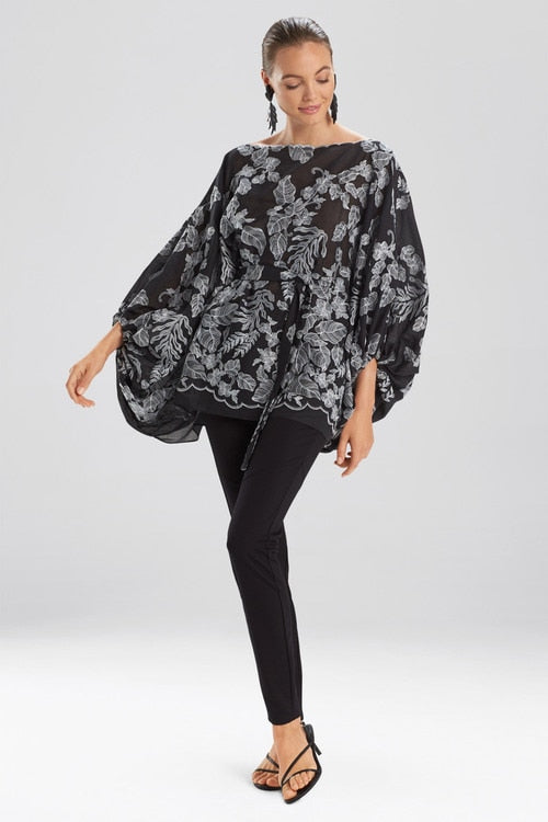 Floral Embroidery Poet Sleeve Blouse - Black