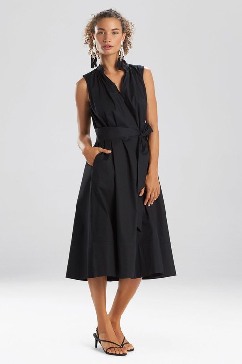 Cotton Poplin Mandarin Sleeveless Dress - Black