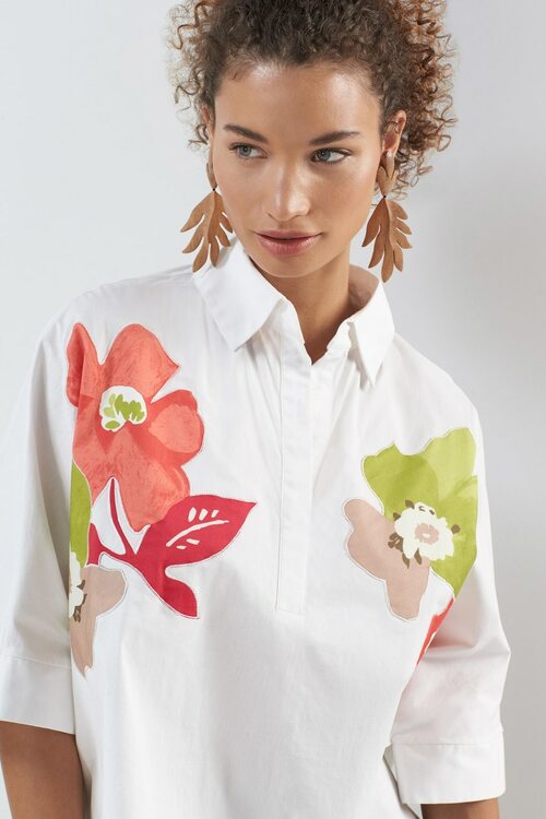 Cotton Poplin Embroidered Collared Top - White