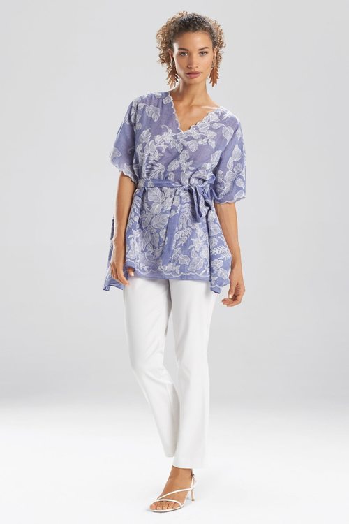 Floral Embroidery Caftan Top - blue