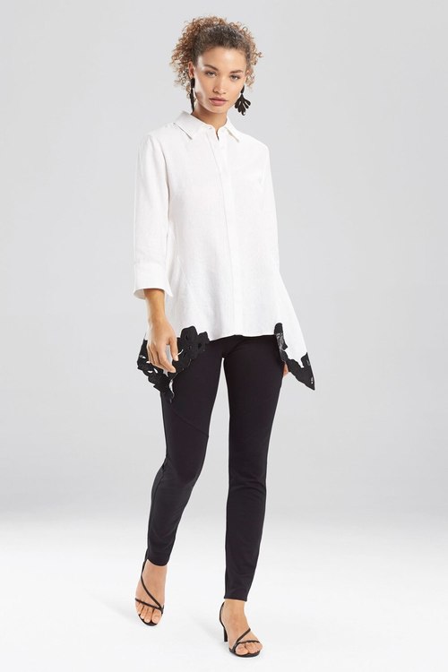 Solid Linen Blouse With Applique Hem - White