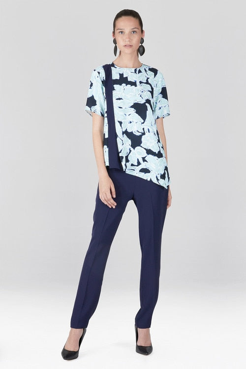 Shibori Floral - Fluid Crepe Asymmetrical Hem Top - shibori blue