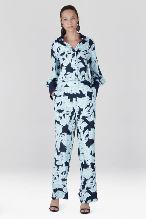 Shibori Floral - Fluid Crepe Pull On Pants - shibori blue