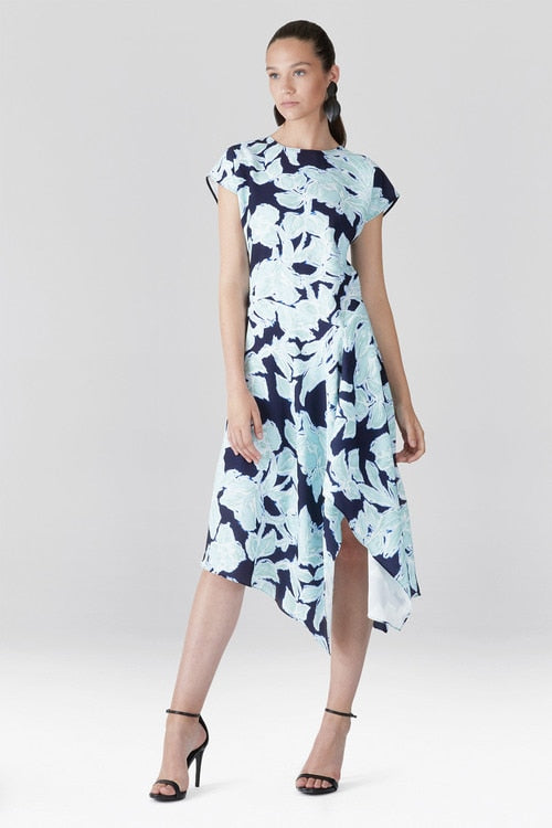 Shibori Floral - Fluid Crepe Draped Dress - shibori blue