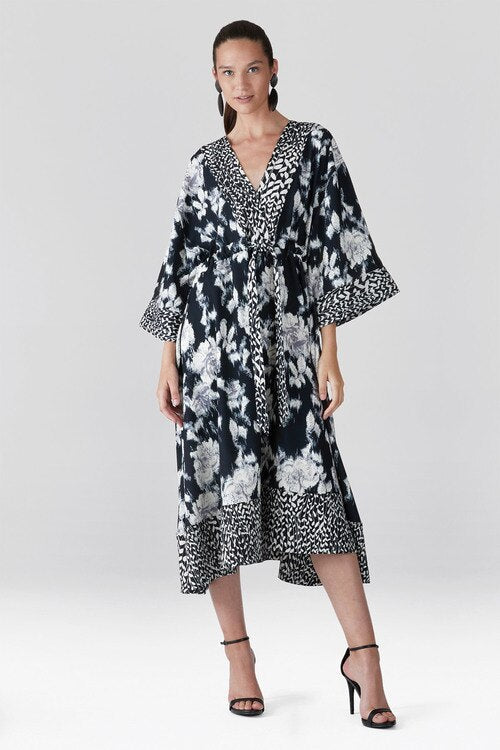 Tie-Dye Floral - Fluid Crepe Kimono Dress - black with white