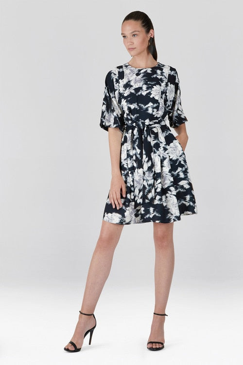 Tie-Dye Floral - Fluid Crepe Pleated Dress - black with white