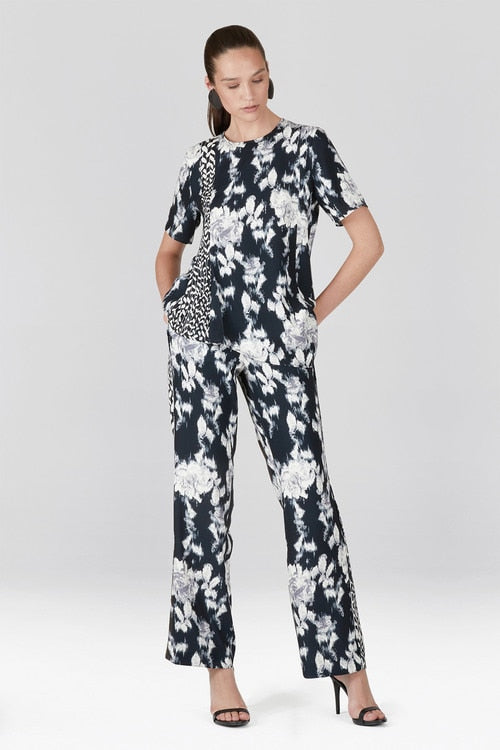 Tie-Dye Floral Fluid Crepe Pull On Pants - black with white