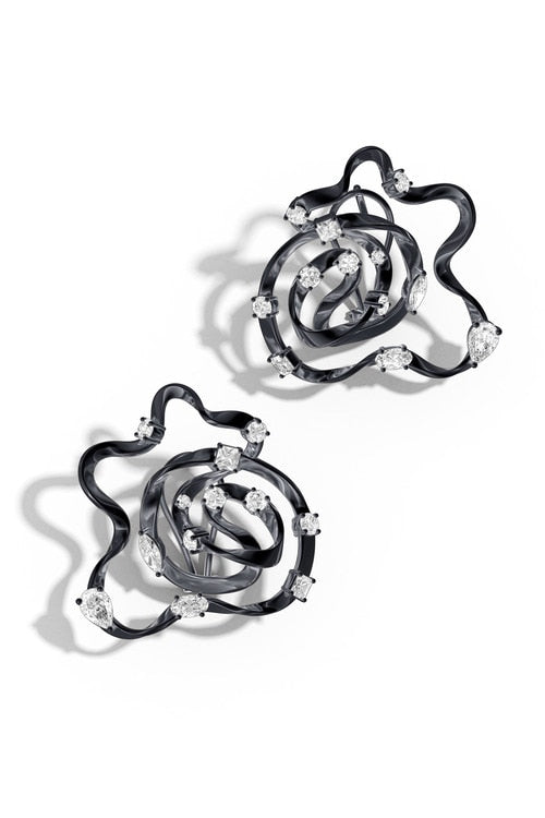 Sakura Midnight Silver Scattered White Topaz Large Stud Earrings - midnight silver