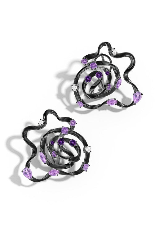 Sakura Midnight Silver Scattered Amethyst Ombre Large Stud Earrings - midnight silver
