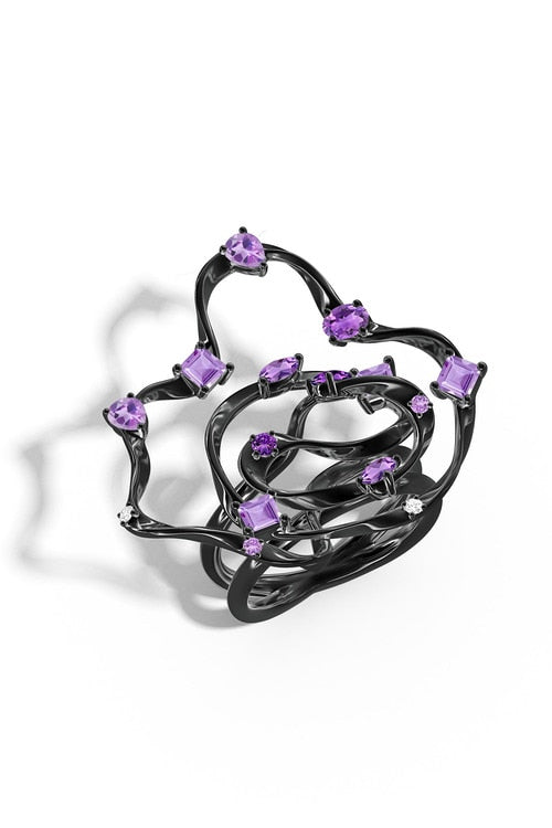 Sakura Dispersed Amethyst Ombre Cocktail Ring - midnight silver