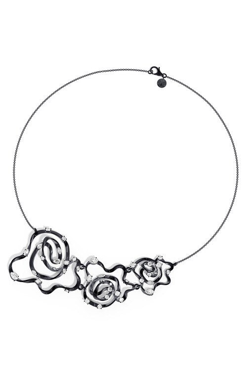 Sakura Midnight SIlver White Topaz Asymmetrical Necklace - midnight silver