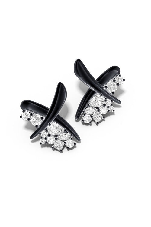 Sumi Stroke Midnight Silver Waterfall White Topaz Stud Earrings - midnight silver