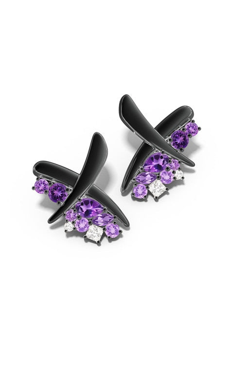 Sumi Stroke Midnight Silver Waterfall Amethyst Ombre Stud Earrings - midnight silver