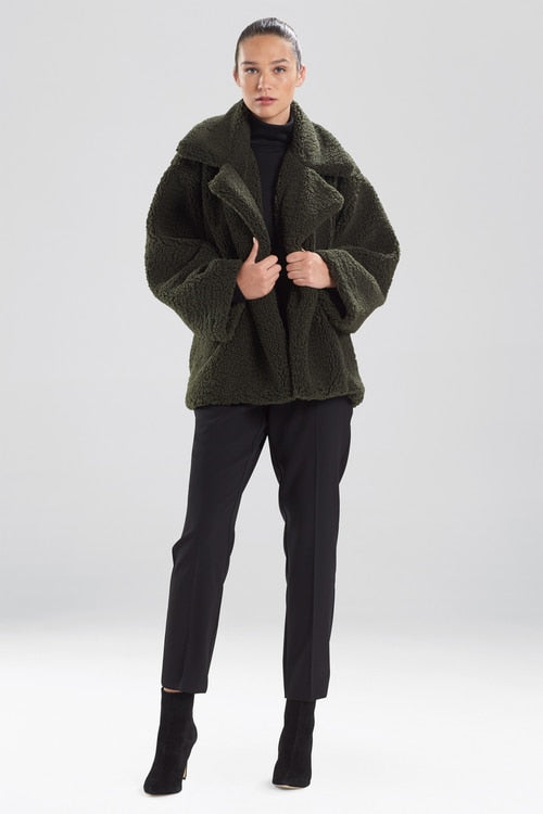 Faux Shearling Short Collared Coat - dark olive