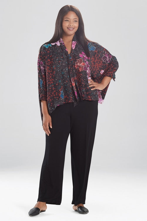 Leopard Orchid Tie-Neck Caftan Top - black multi