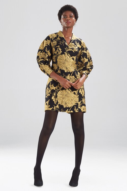 Gold Flower Jacquard Dress - Black