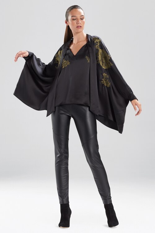 Solid Charmeuse Tie Neck Embroidered Caftan Top - Black