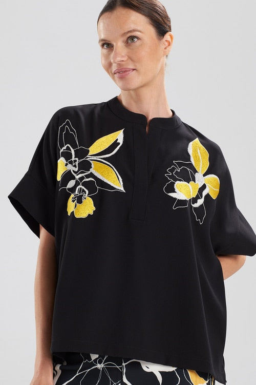 Solid Crepe Embroidered T-Shirt Top - Black