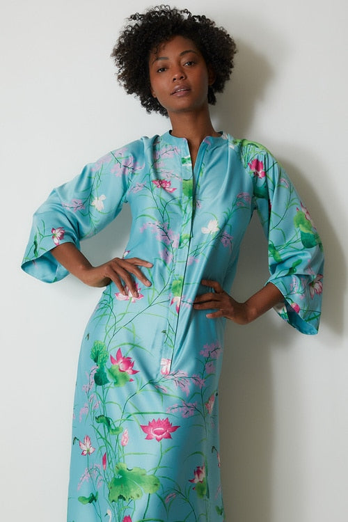Lotus Garden Zip Caftan - aqua