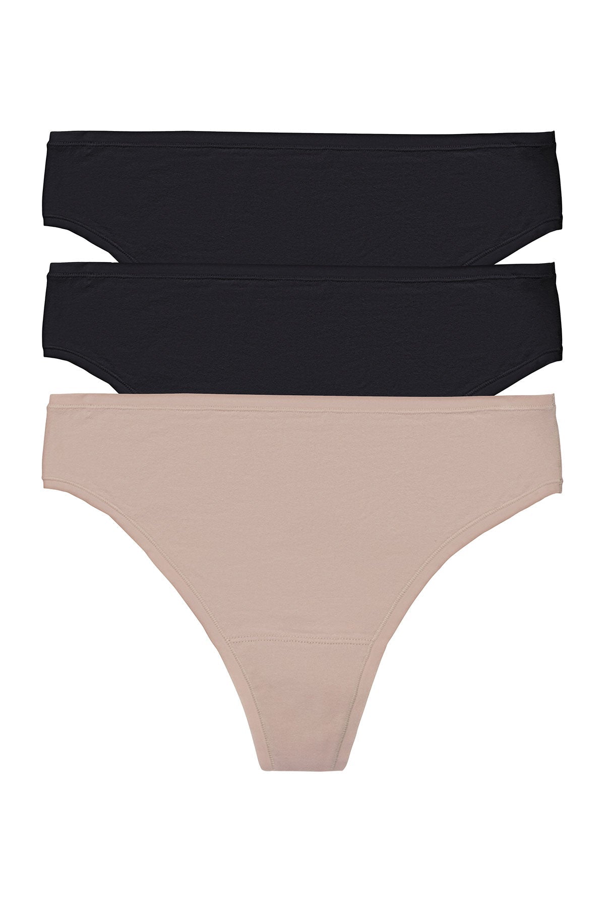 Bliss Bare Cotton Thong 3-Pack - Black/Black/Café