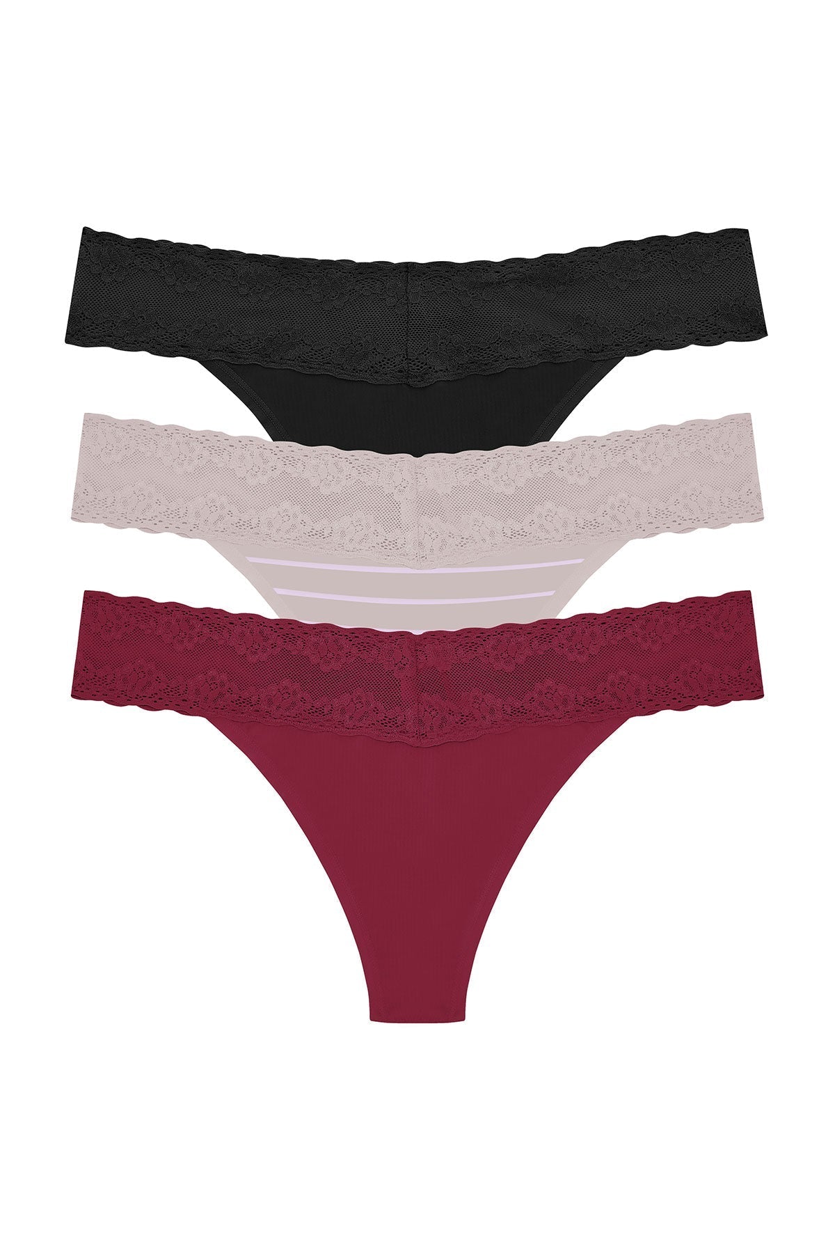 Bliss Perfection One-Size Thong 3-Pack - Dk Cherry/Vapor Stripe Print/Black