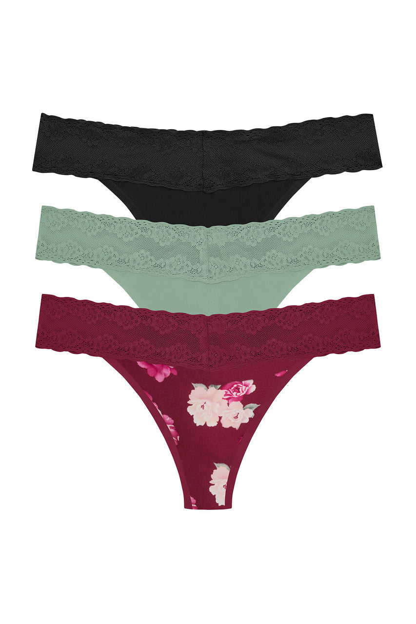 Bliss Perfection One-Size Thong 3-Pack - Dk Cherry Floral Print/Oregano/Black
