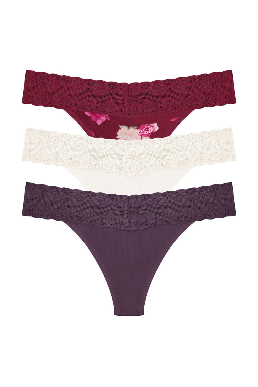 Bliss Perfection One-Size Thong 3-Pack - Verbena/Ivory/Dk Cherry Floral Print