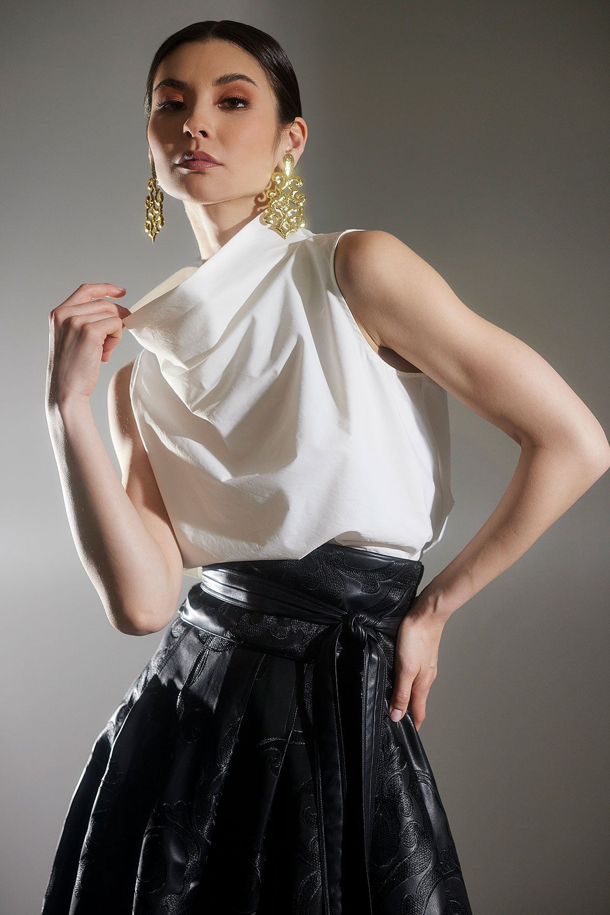 Cotton Poplin Funnel Neck Top