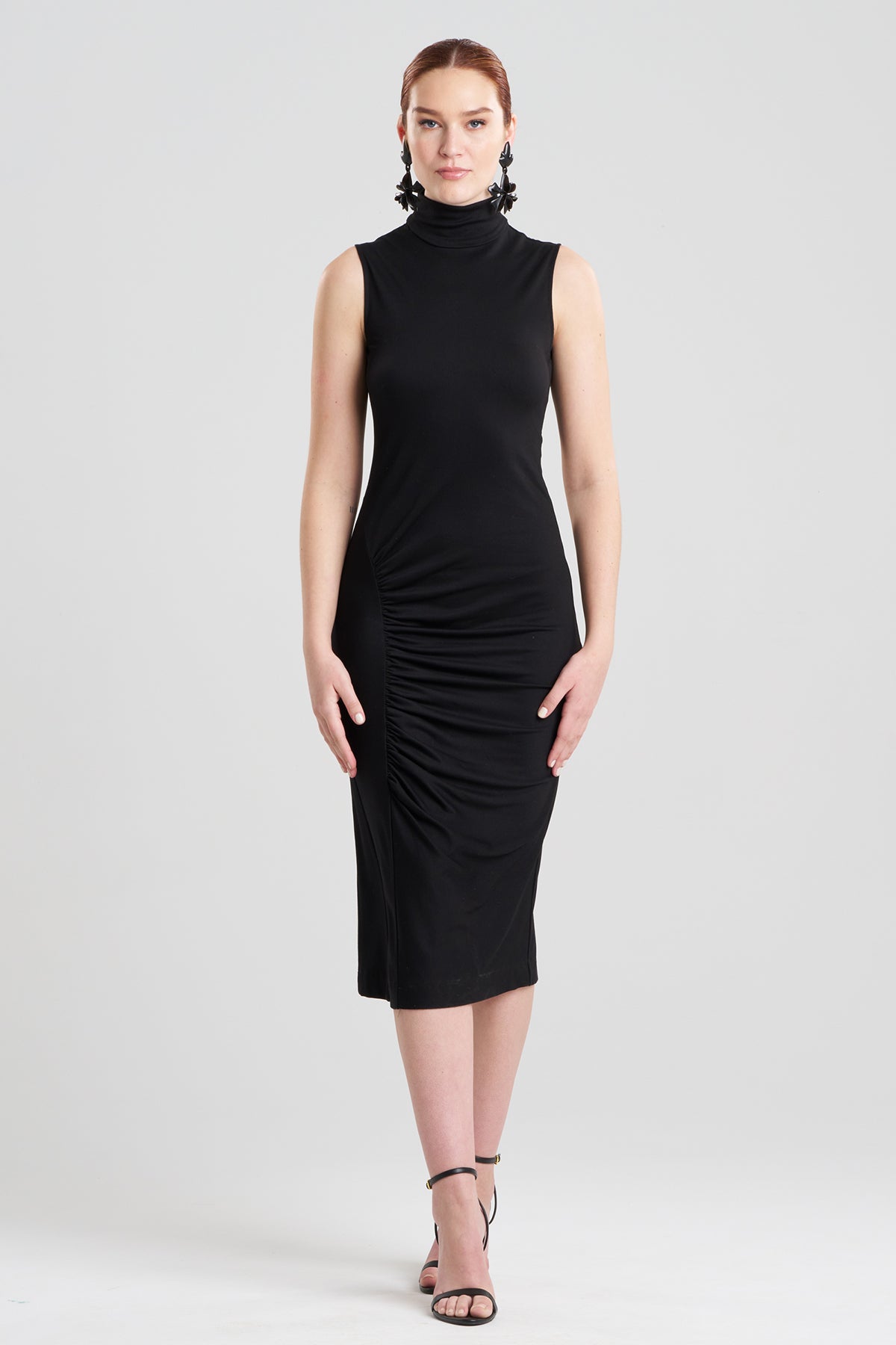 Crepe Knit Mock Neck Ruched Dress
