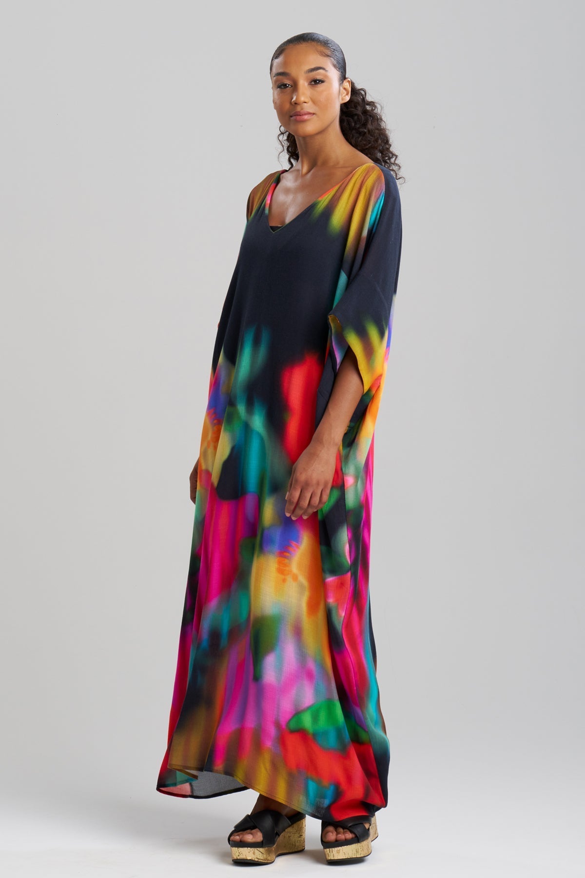Floral Mirage Printed Rayon Caftan - black multi