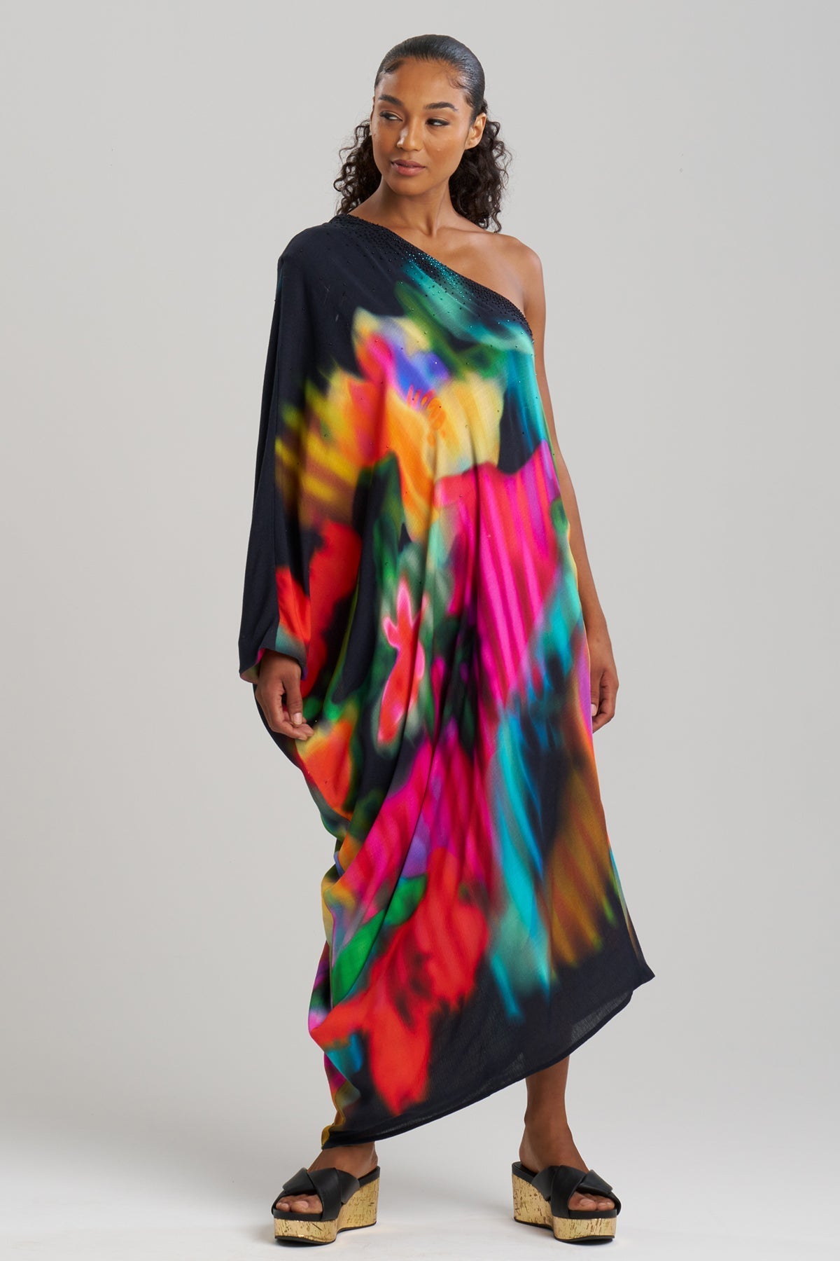 Floral Mirage Printed Rayon One Shoulder Caftan