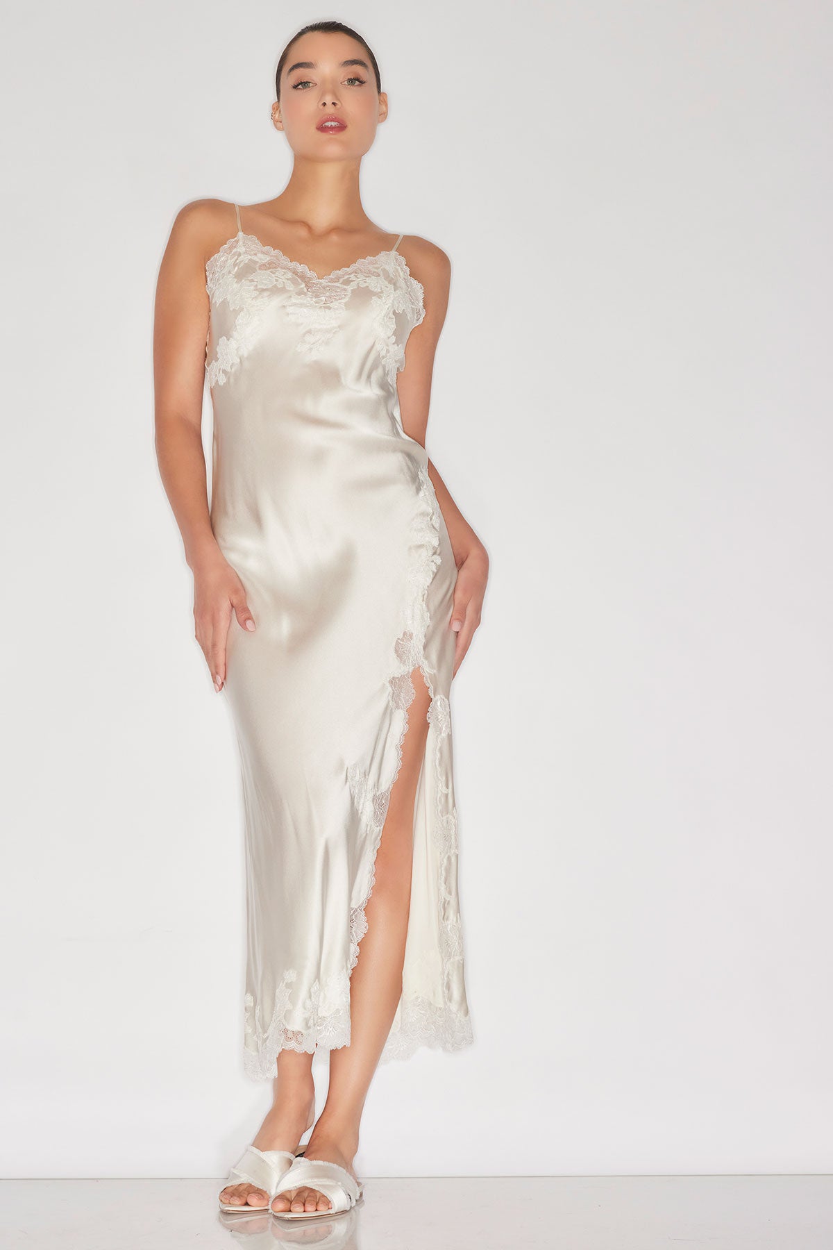 Lolita Lace Slit Silk Gown - warm white