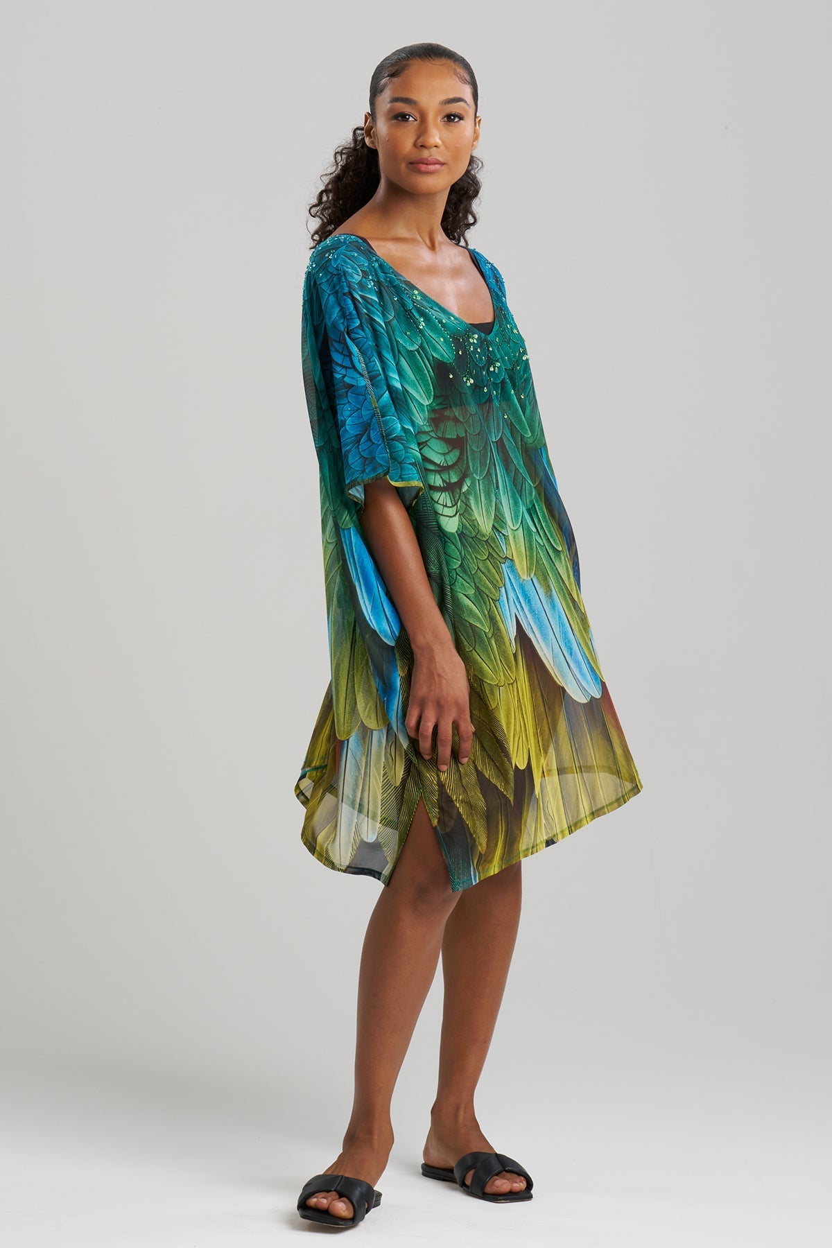 Paradise Printed Mesh Beaded Caftan