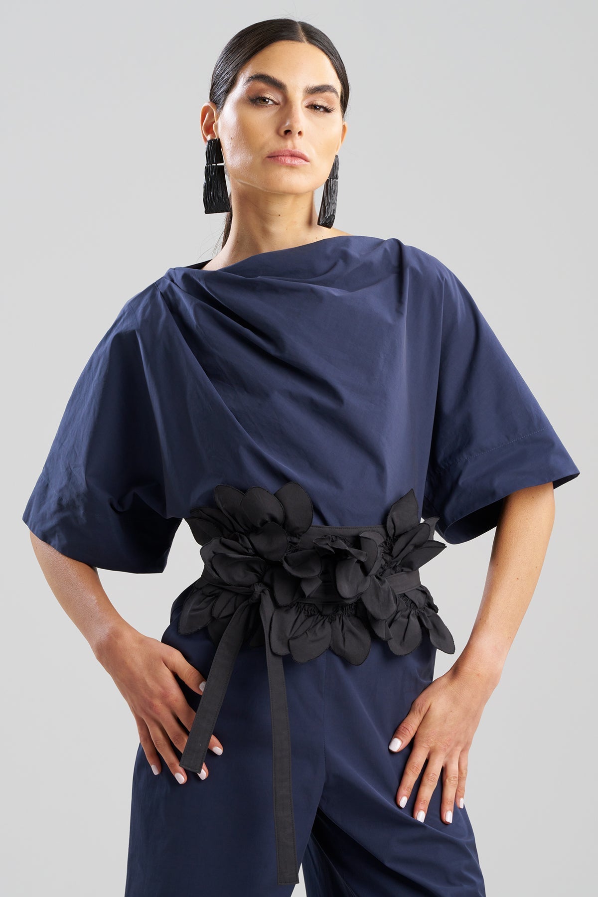 Tech Cotton Taffeta Embroidered Obi Belt - Black