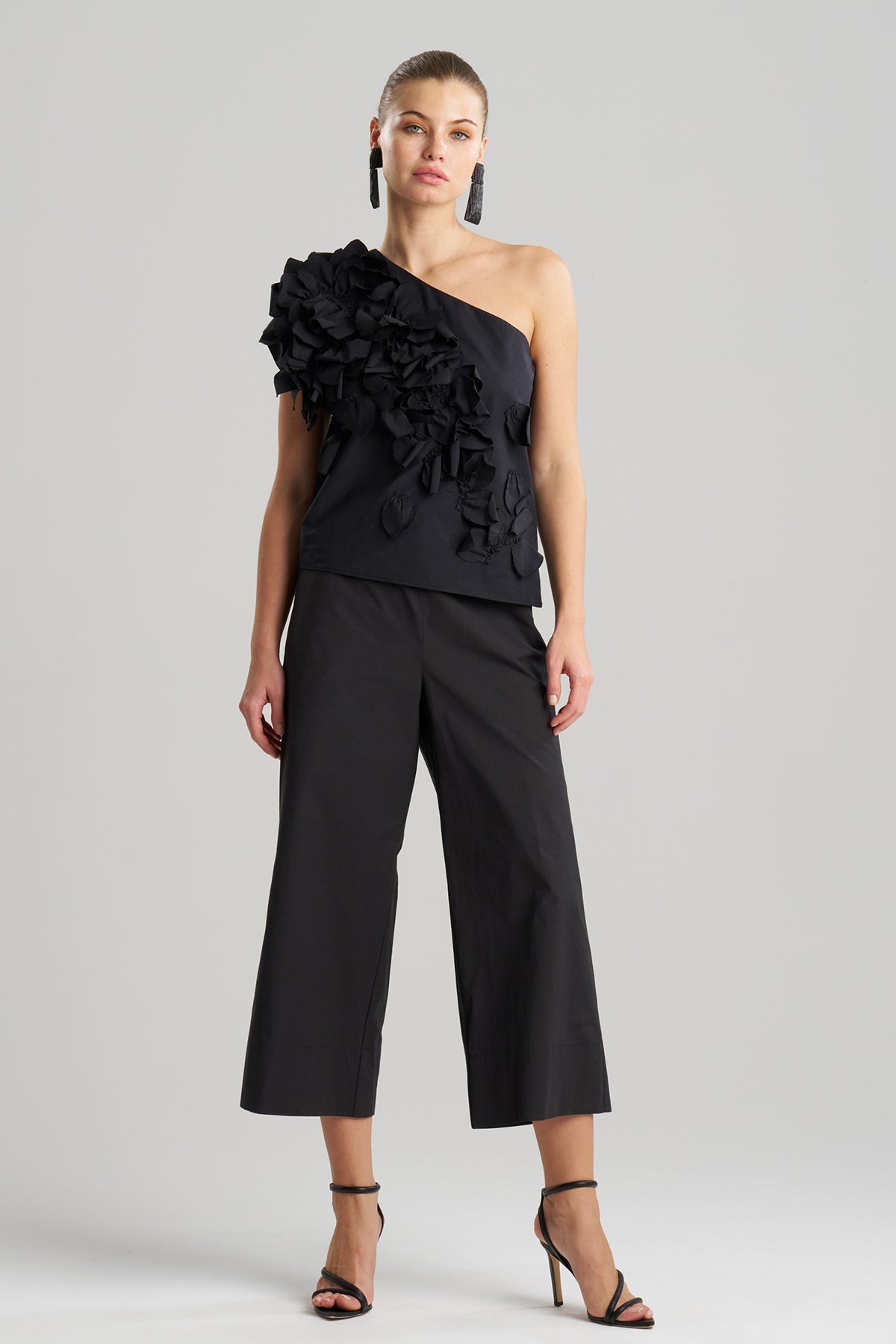 Tech Cotton Taffeta Embroidered One Shoulder Top