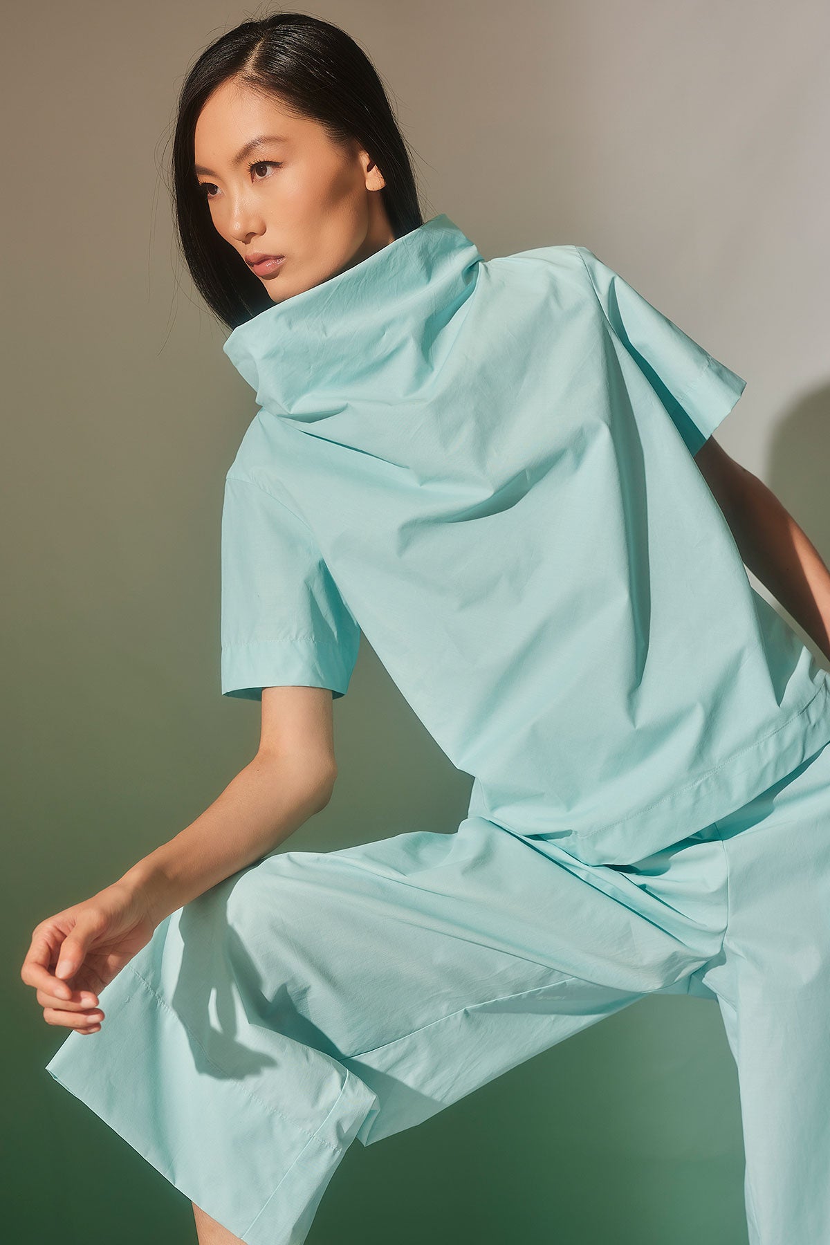 Techno Poplin Short Sleeve Funnel Neck Top