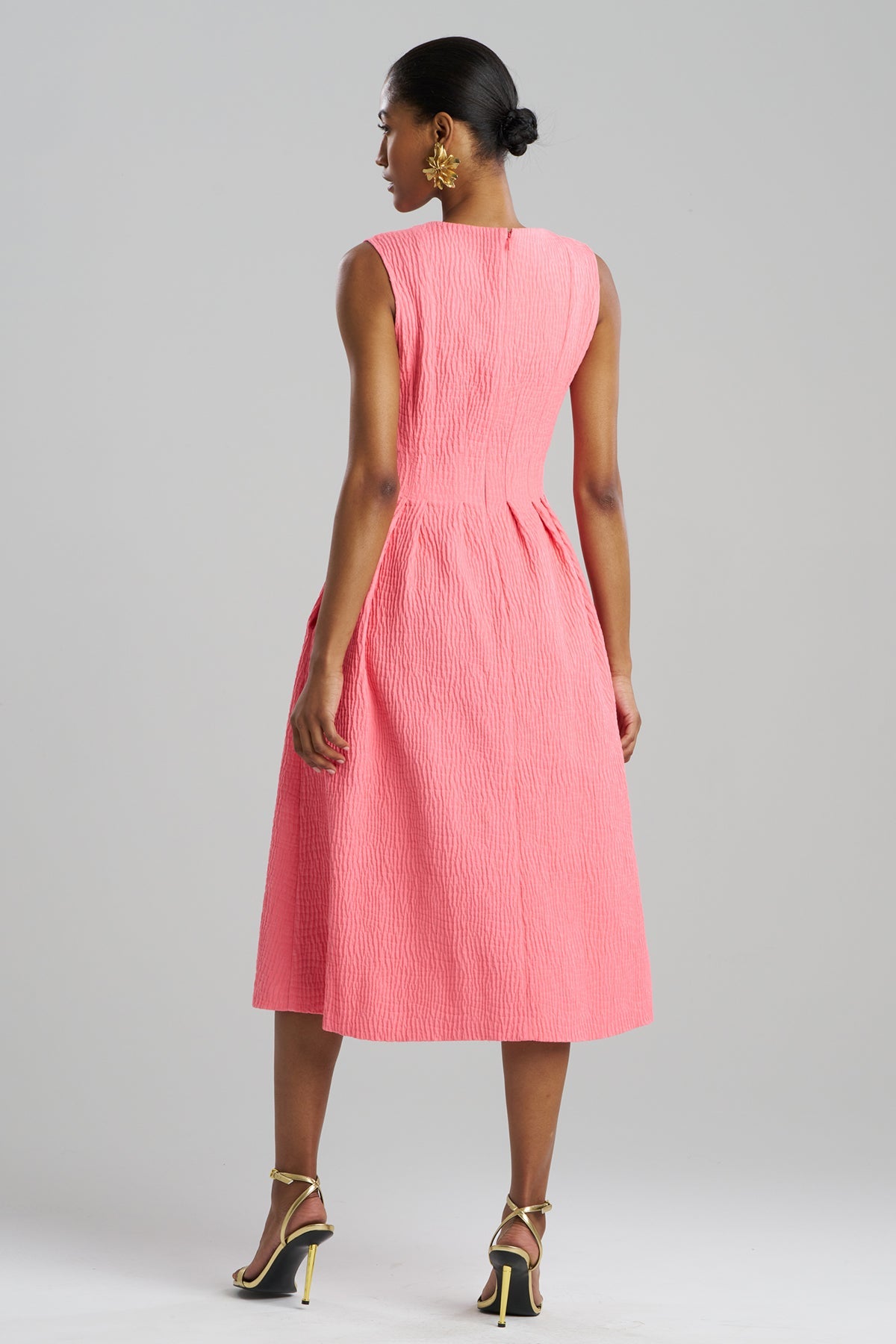 Textured Cotton Jacquard Sleeveless Pleated Dress