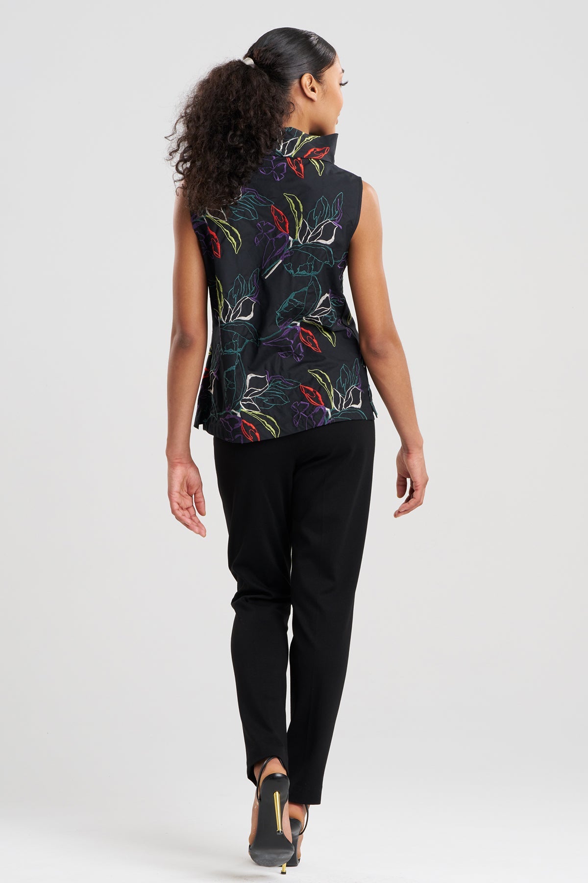 Yoru Embroidered Cotton Poplin Funnel Neck Top