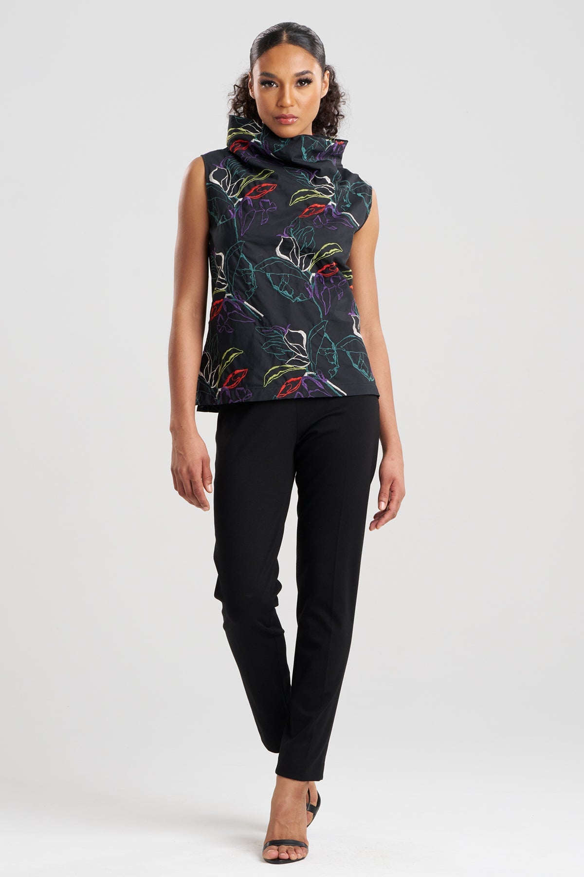 Yoru Embroidered Cotton Poplin Funnel Neck Top