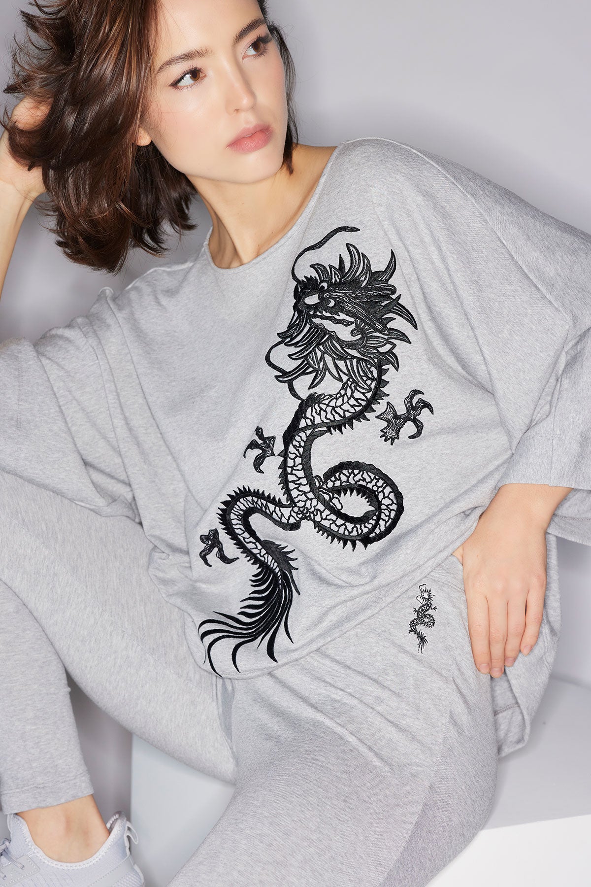 Cocoon Brushed French Terry Dragon Embroidered Kimono Top