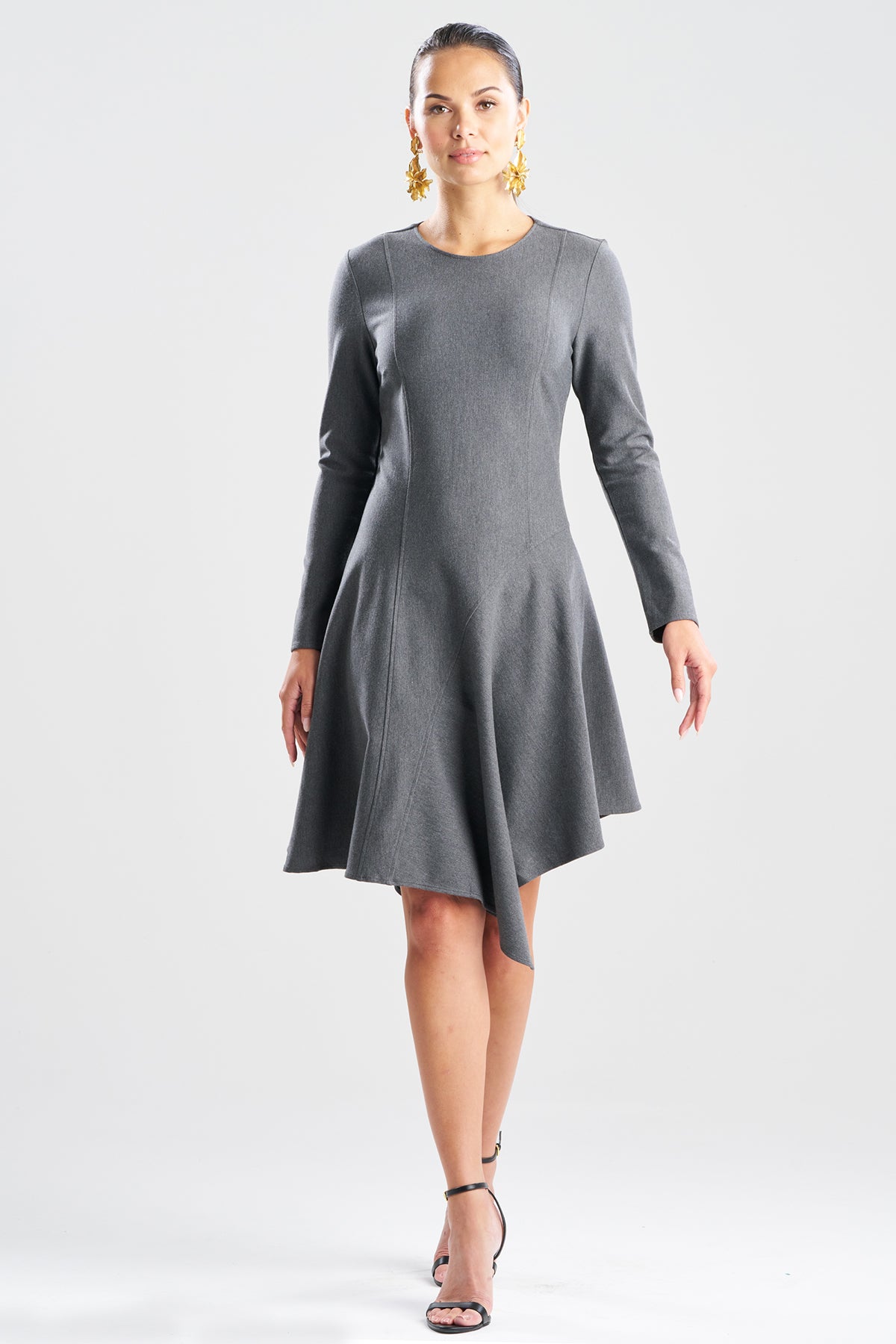 Compact Knit Asymmetric Long Sleeve Dress