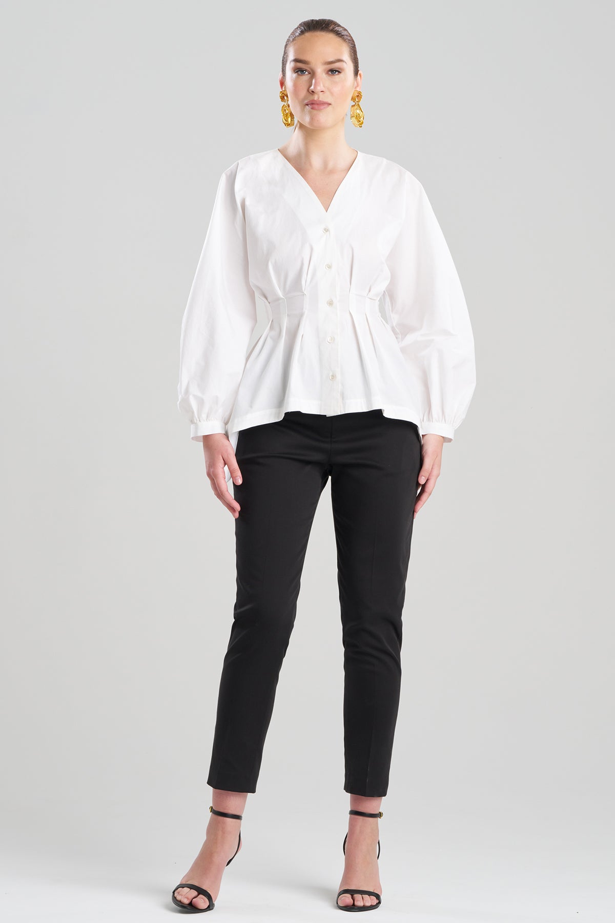 Cotton Poplin V-Neck Pleated Shirt