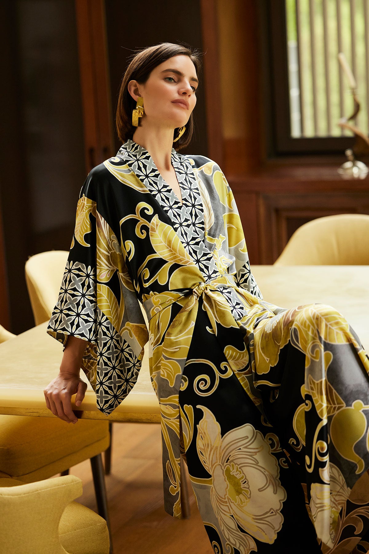Deco Printed Charmeuse Kimono Robe