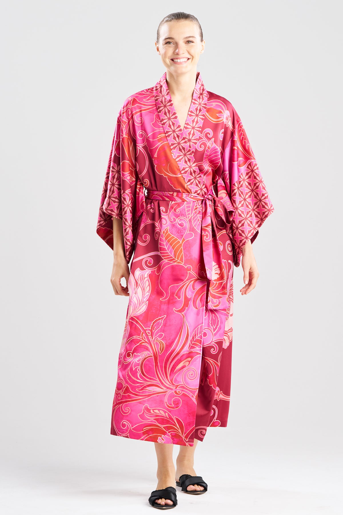 Deco Printed Charmeuse Kimono Robe