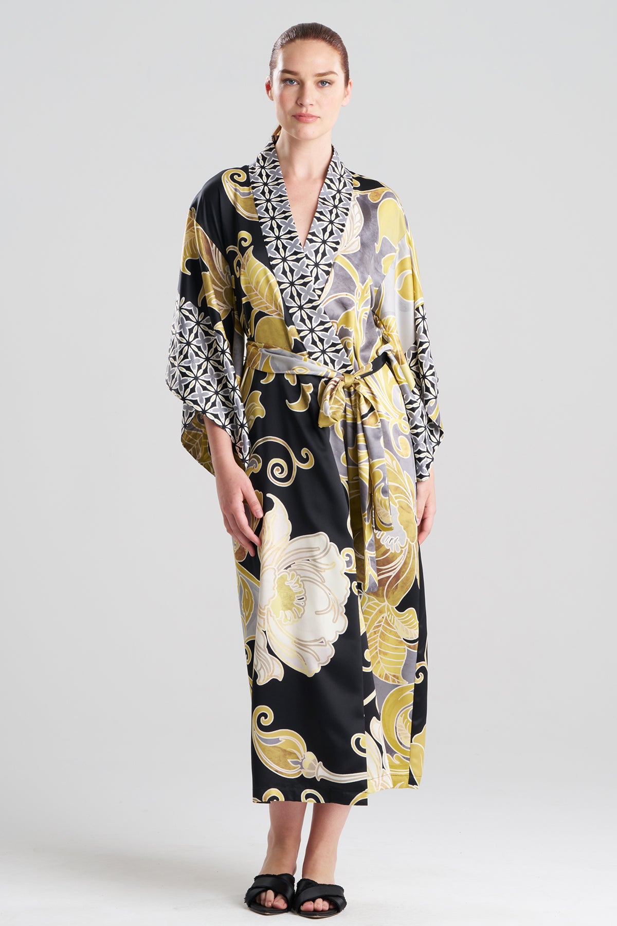 Deco Printed Charmeuse Kimono Robe