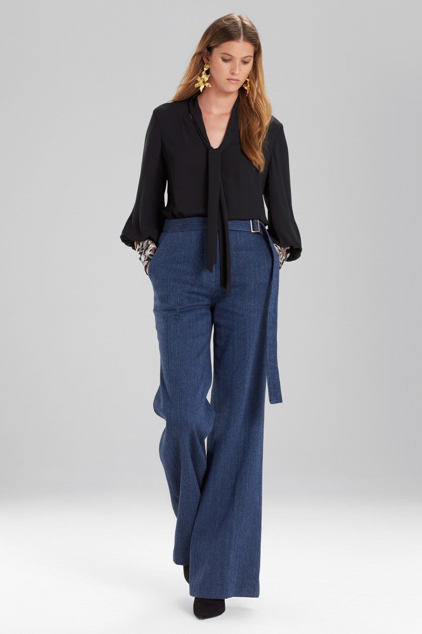 Solid Silky Soft Tie Neck Blouse With Embroidery